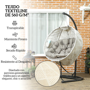 Silla Colgante Huevo con Soporte Columpio de Jardín Exterior con Cesta Plegable de Malla Doble Cojín y Portavasos Columpio Colgante para Interior y Exterior Carga 120 kg Arena y Negro