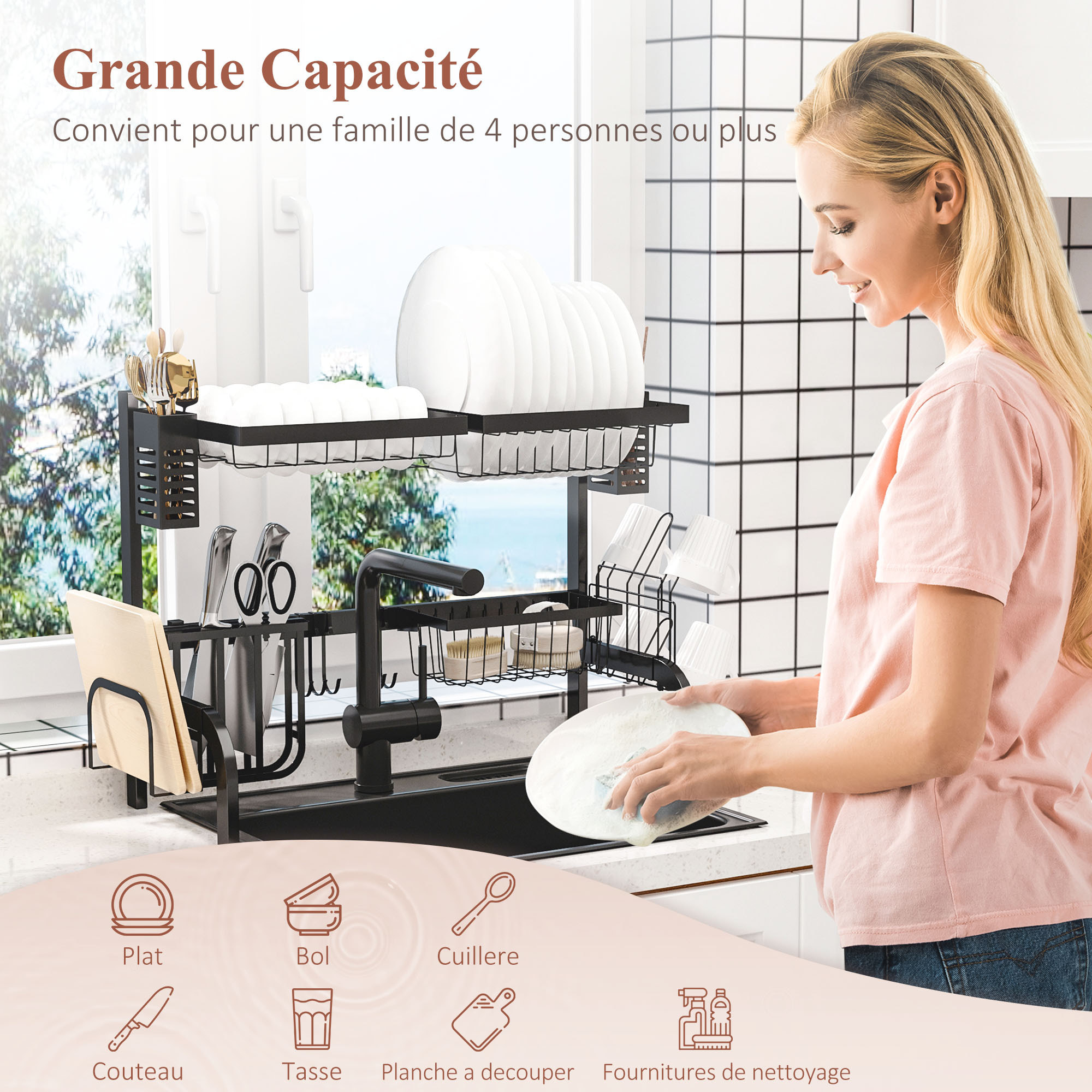 Égouttoir à vaiselle - organiseur d'évier - 9 espaces de séchage - acier noir