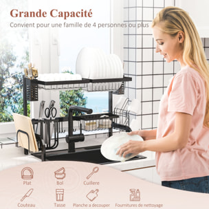 Égouttoir à vaiselle - organiseur d'évier - 9 espaces de séchage - acier noir
