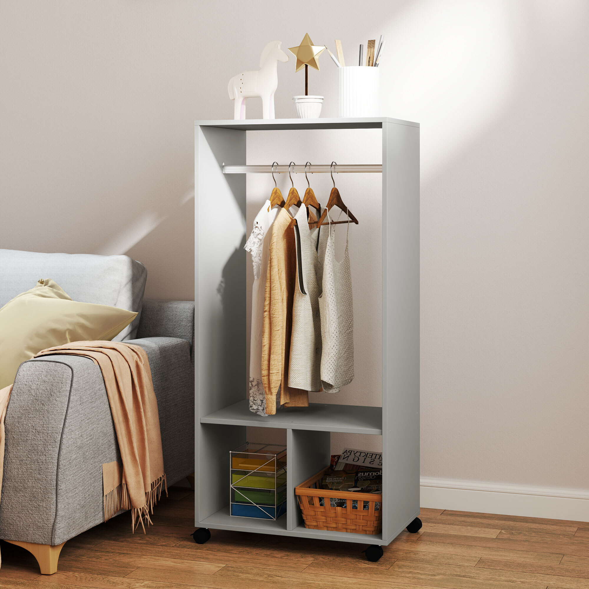 Armoire penderie étagère 2 niches penderie 4 roulettes pivotantes dim. 60L x 40l x 128H cm gris