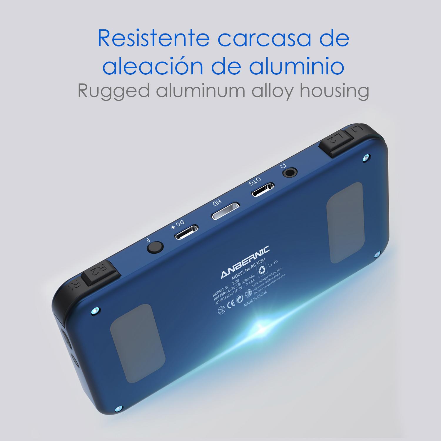 DAM Consola emulador multiplataforma RG353M. 3,5'' IPS; Quad Core 1,8GHz, 16GB+256GB. Android 11 + Linux. WiFi. +44.000 juegos. 14,5x1,4x7,2 Cm. Color: Azul