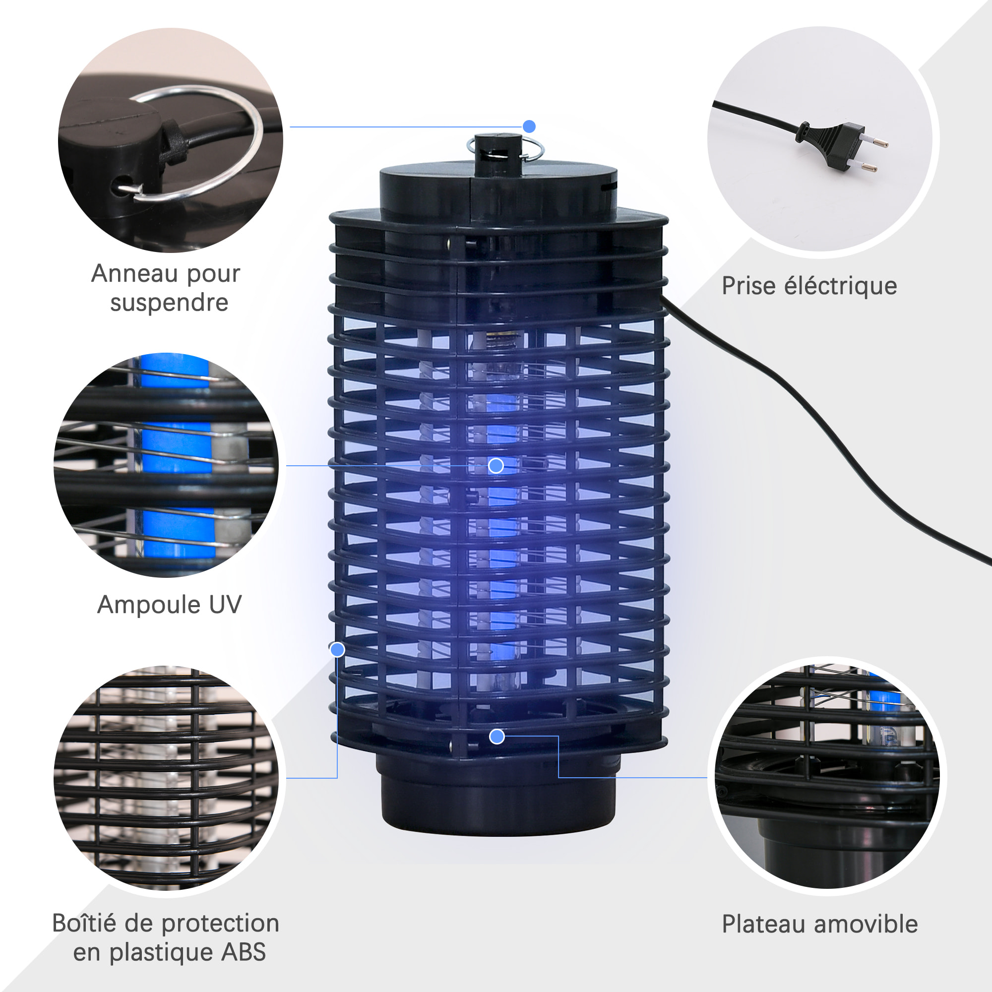 Outsunny Lampe anti-insectes anti moustique design lanterne tue mouche électrique destructeur d'insectes LED 3 W noir