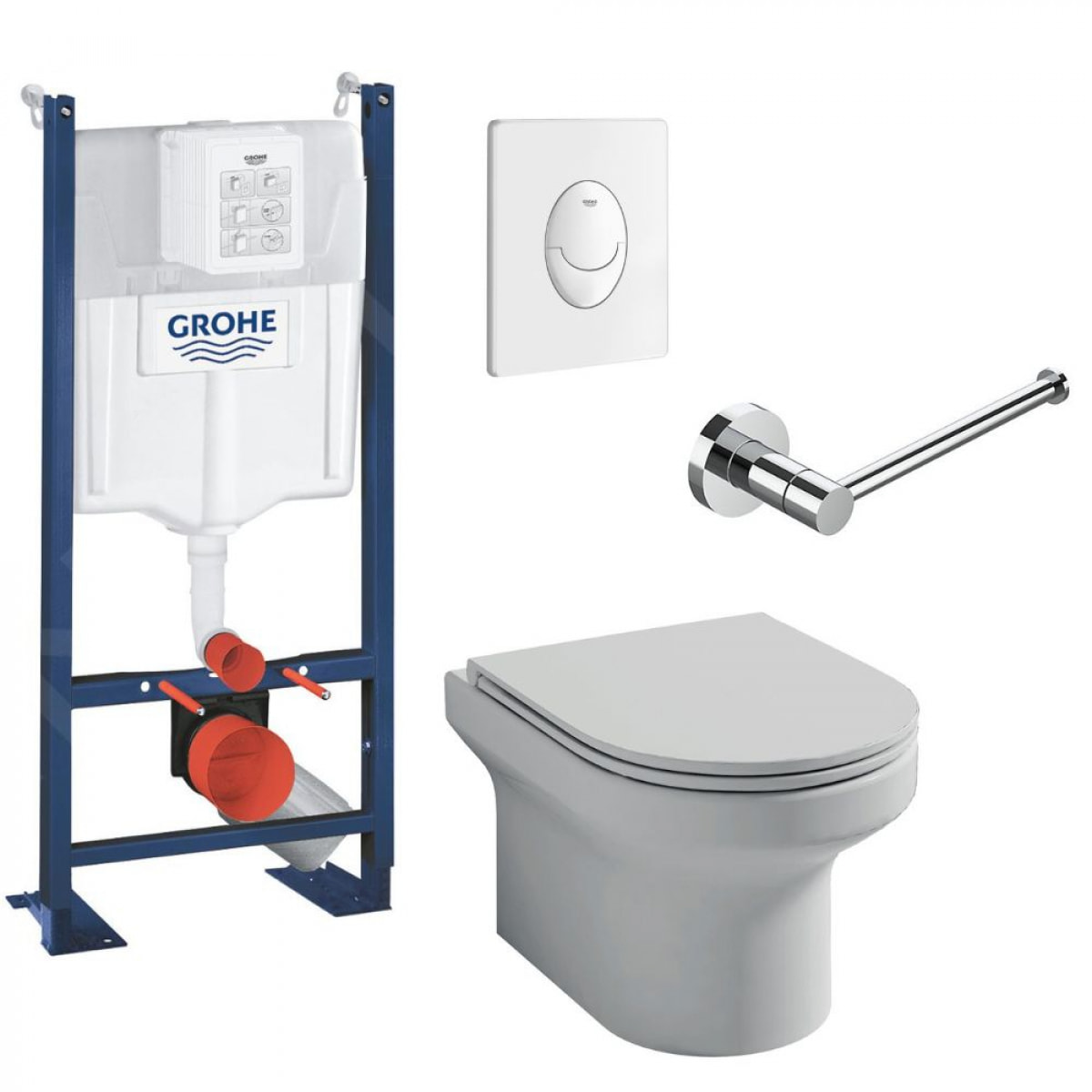 Pack WC suspendu sans bride Elite + Bâti support GROHE Rapid SL + plaque blanche Quickfix + porte-rouleau chromé