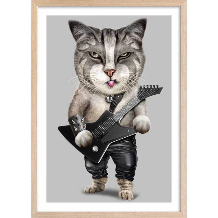 Affiche enfant chat en métal lourd  Affiche + cadre en bois - Chêne