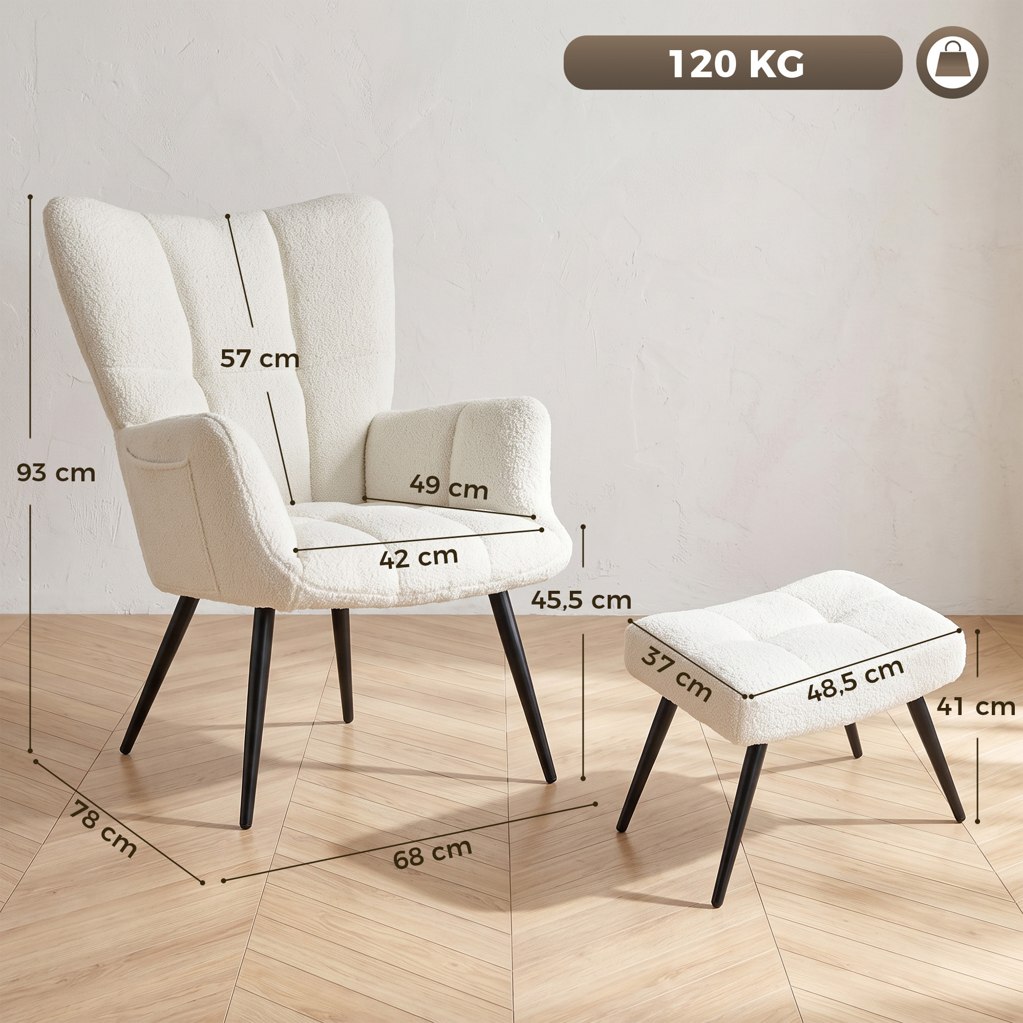 Fauteuil avec repose-pieds design bouclette crème noir