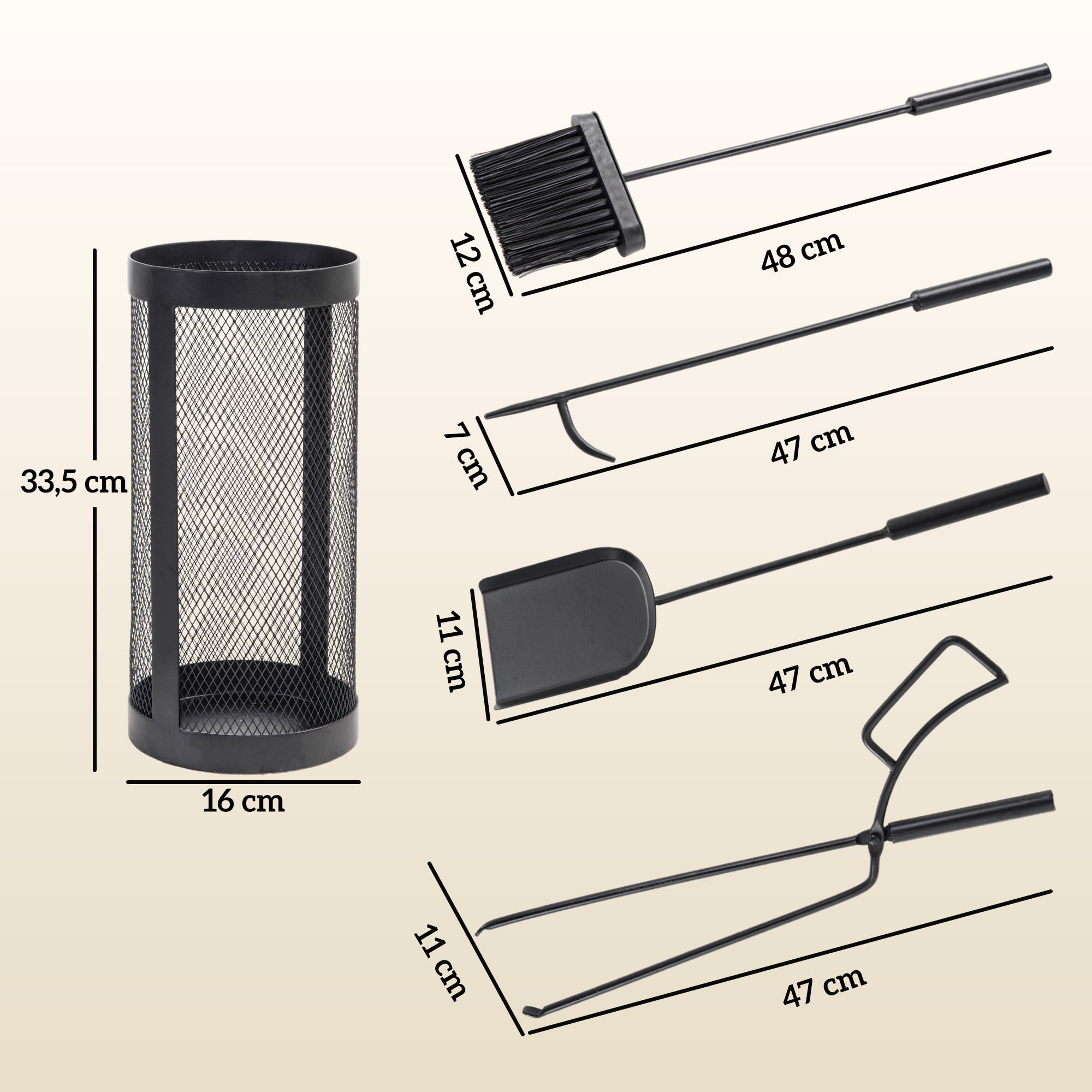 Juego Utensilios Chimenea de 5 Piezas, Juego de Accesorios para Chimenea de Metal con Escoba, Pala, Tenazas, Atizador y Soporte, Ø16x33,5 cm, Negro