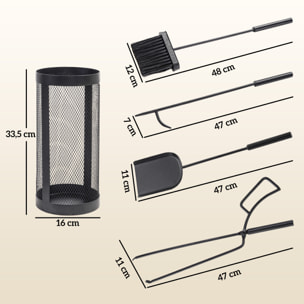 Juego Utensilios Chimenea de 5 Piezas, Juego de Accesorios para Chimenea de Metal con Escoba, Pala, Tenazas, Atizador y Soporte, Ø16x33,5 cm, Negro