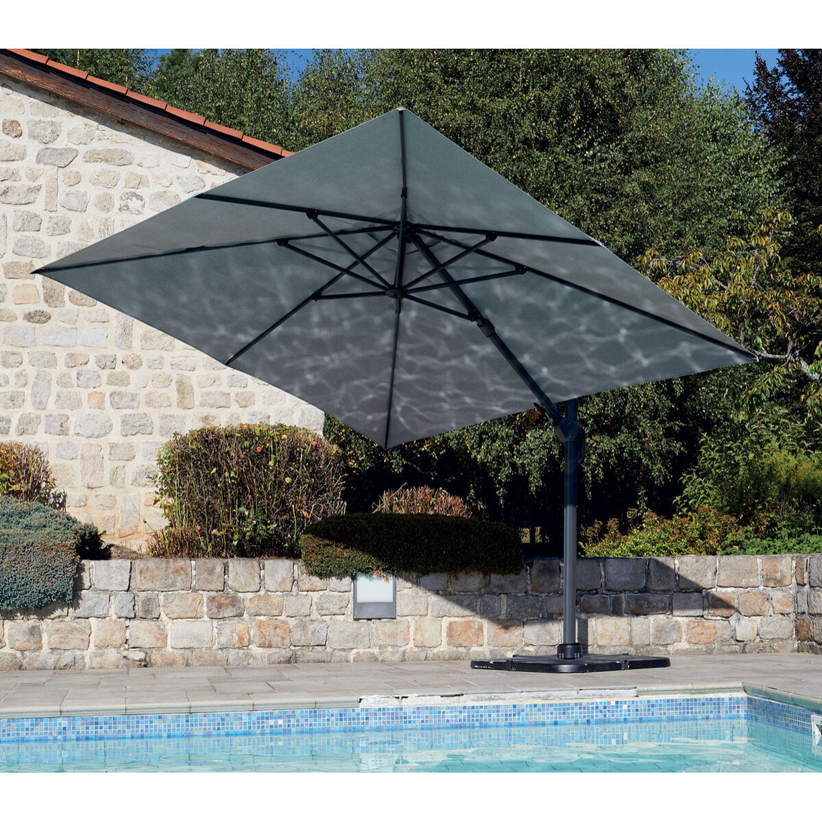 Parasol déporté 3x3m double inclinaison - gris perle - EMERAUDE