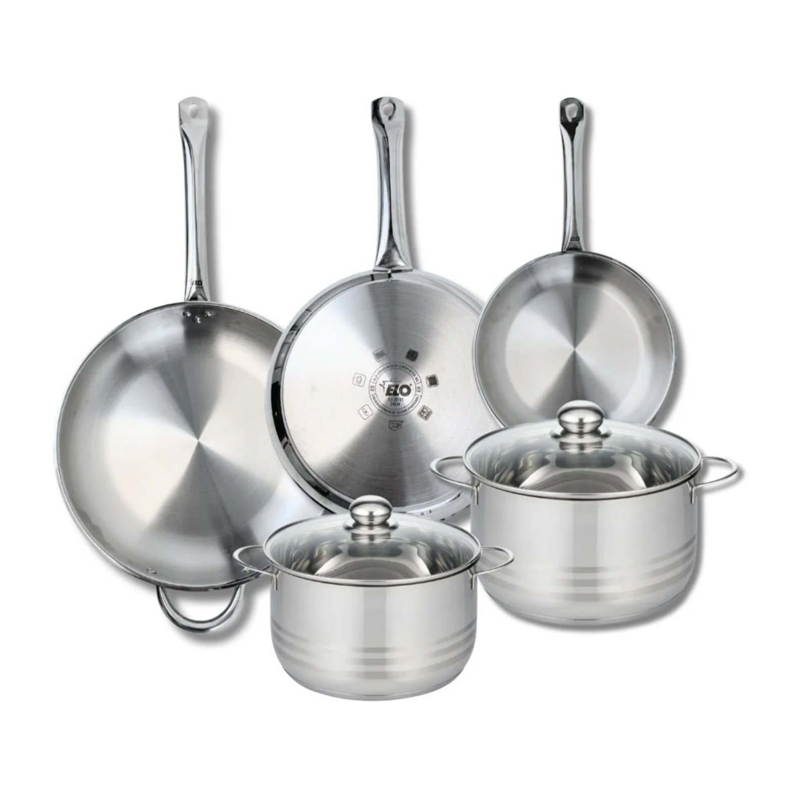 Ensemble de 3 Poêles de cuisson 24, 28 et 32 cm et 2 faitouts 20 et 24 cm Elo Profi Brillant