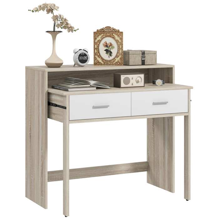 Console secrétaire 2 en 1 - plateau coulissant, 2 tiroirs - dim. 95L x 35P x 87H cm - blanc naturel