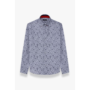 Camicia Uomo 2 Bottoni Button Down Slim Popeline Stampato Bianco e Blu
