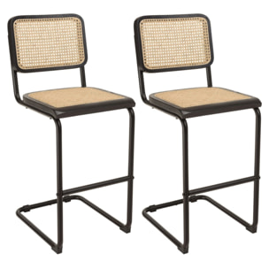 PIERRE - Lot de 2 tabourets d'ilot bois noir/rotin naturel pieds métal