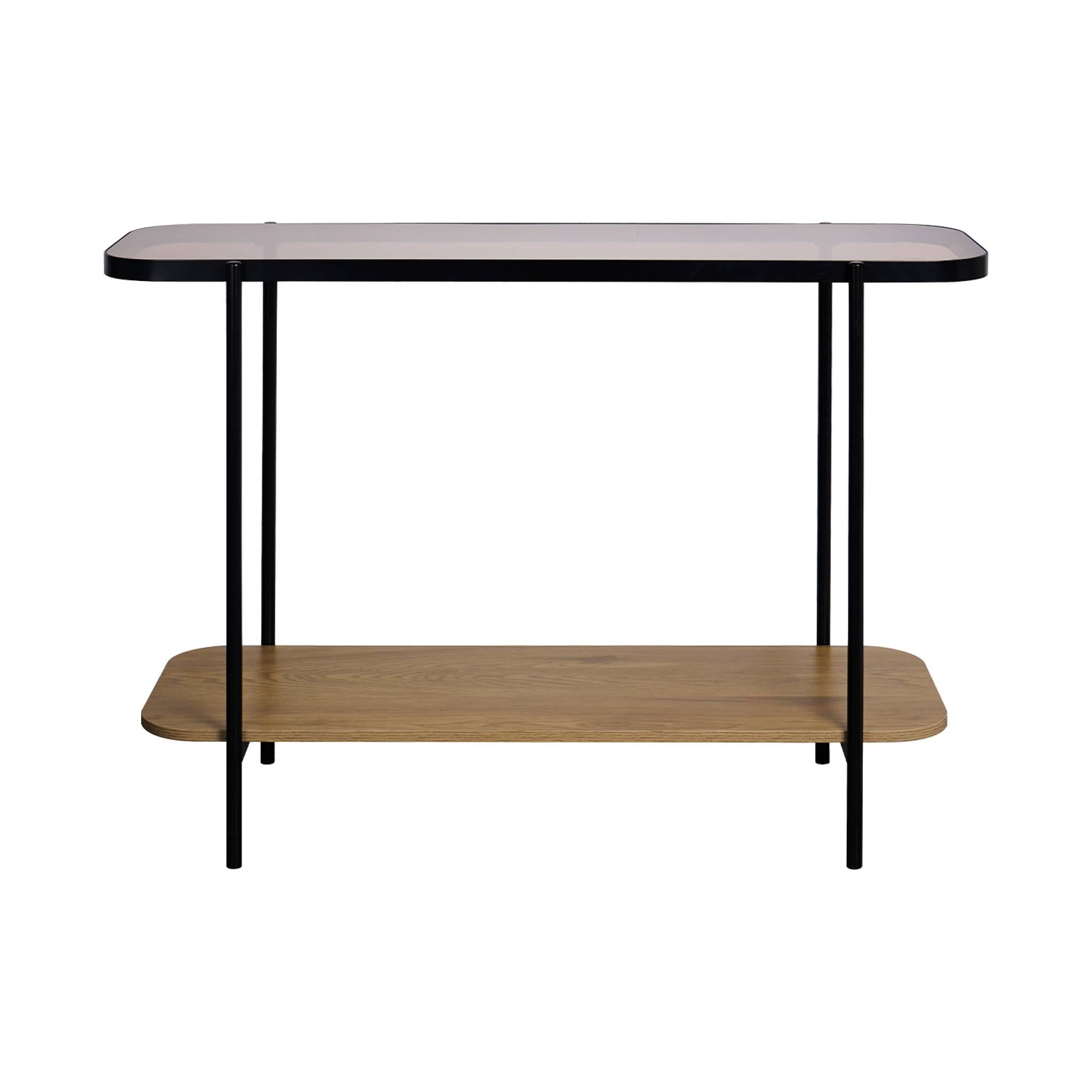 Console vintage métal et décor bois avec plateau en verre SMOOKY