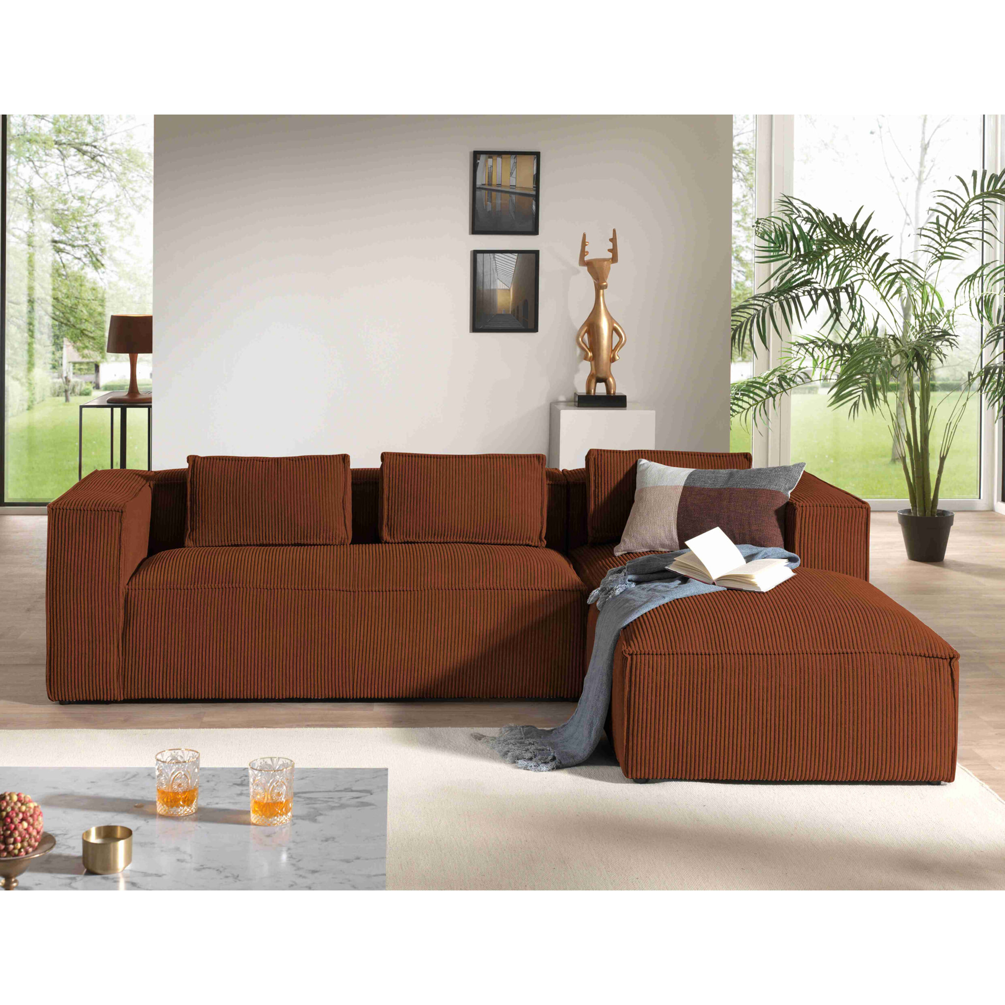 Stella - canapé d'angle droit en velours côtelé - 4 places -style contemporain - Terracotta