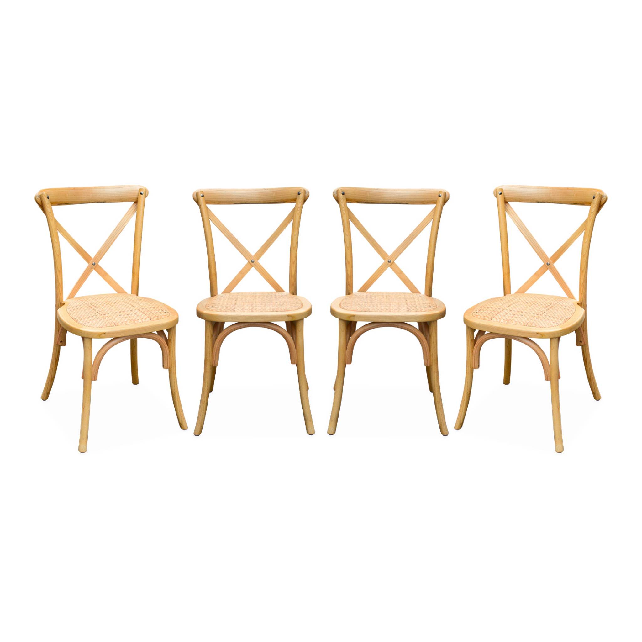 Lot de 4 chaises de bistrot en bois de cédrèle naturel. vintage. assise en rotin. empilables