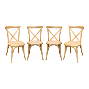 Lot de 4 chaises de bistrot en bois de cédrèle naturel. vintage. assise en rotin. empilables