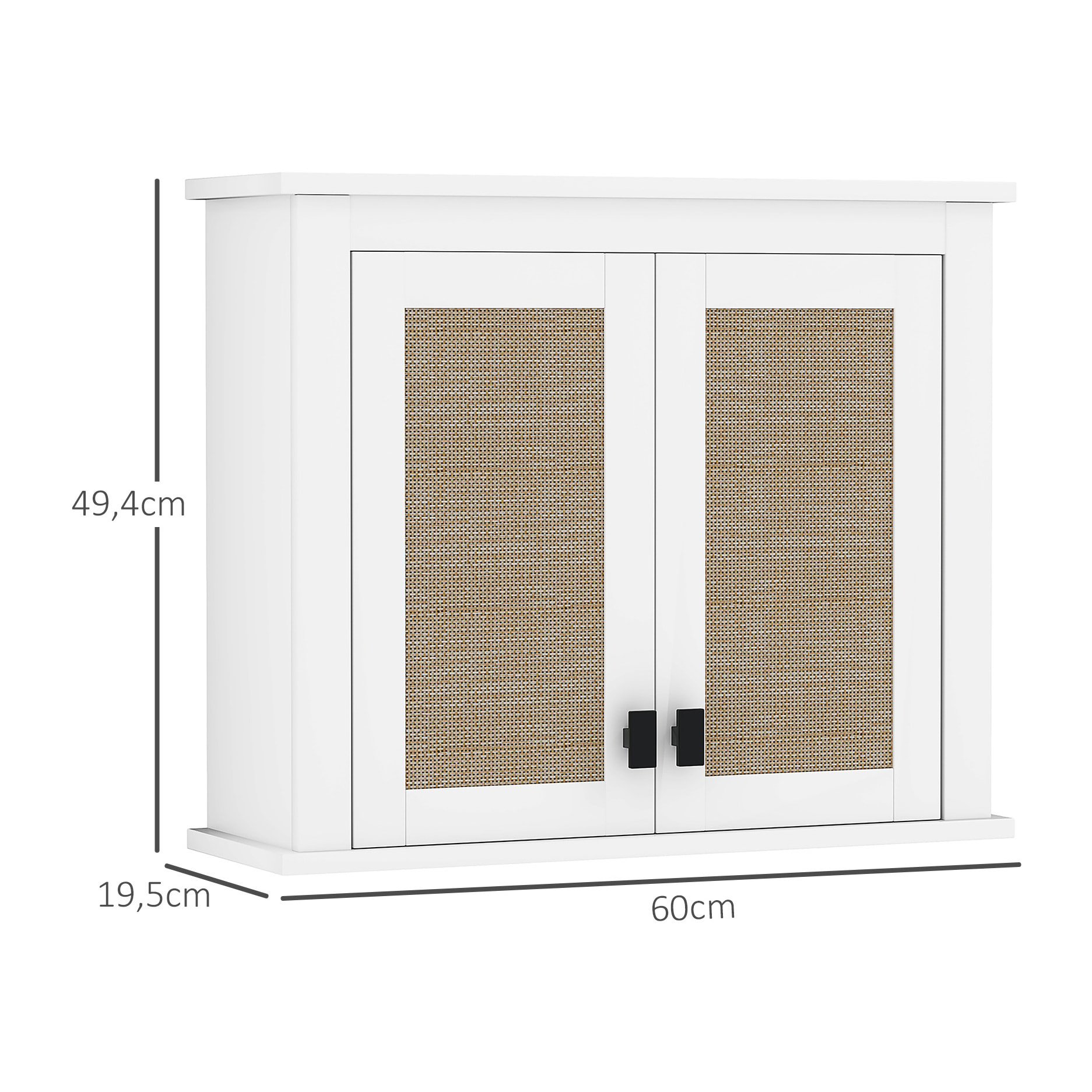 Armario de Pared para Baño Multiusos Mueble de Baño Suspendido Armario Colgante de Almacenamiento con 2 Puertas de Ratán PE Estante Ajustable 60x19,5x49,4 cm Blanco