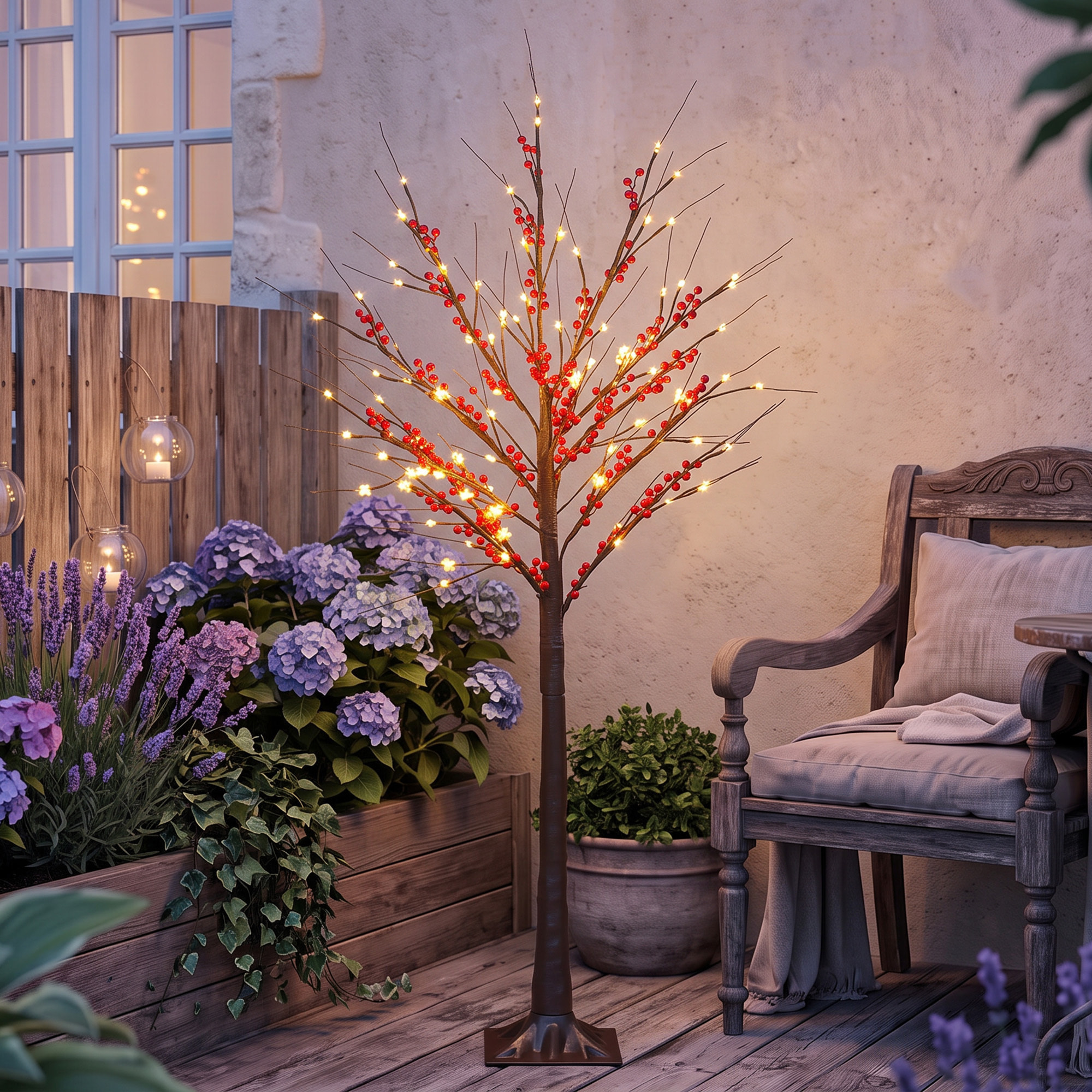 Árbol de Abedul Artificial 150 cm, Lámpara de Árbol con 96 Luces LED Blanco Cálido, Bayas Rojas, Temporizador y 12 Ramas Flexibles, Decoración Navideña para Interior y Exterior Cubierto, Marrón