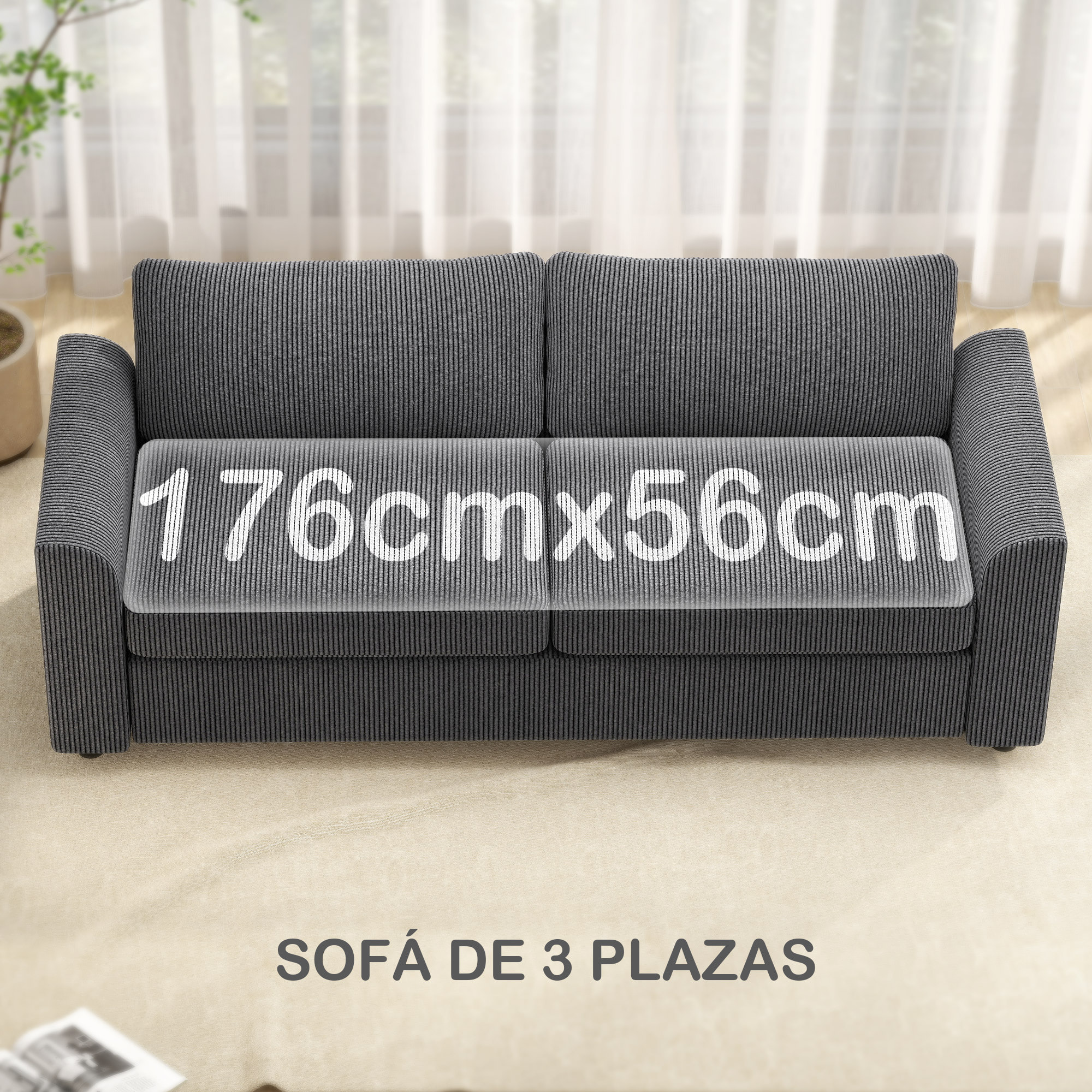 Sofá de 3 Plazas Sofá de Salón 212x80x88 cm Tapizado en Pana con 2 Almohadas Reposabrazos y Cojín de Muelles Diseño Moderno para Sala de Estar Dormitorio Gris Oscuro