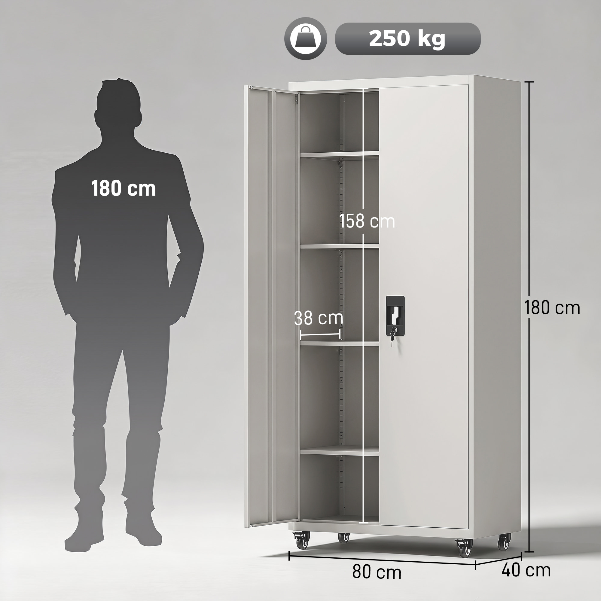 Armario de Herramientas de Acero con Ruedas con Freno, 180 cm, Carro de Herramientas con Cerradura y 4 Estantes Ajustables, Carga 250 kg, Carro de Taller para Garaje, Hogar, Oficina, Blanco