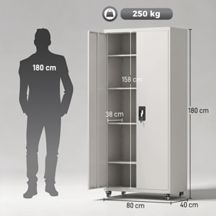 Armario de Herramientas de Acero con Ruedas con Freno, 180 cm, Carro de Herramientas con Cerradura y 4 Estantes Ajustables, Carga 250 kg, Carro de Taller para Garaje, Hogar, Oficina, Blanco