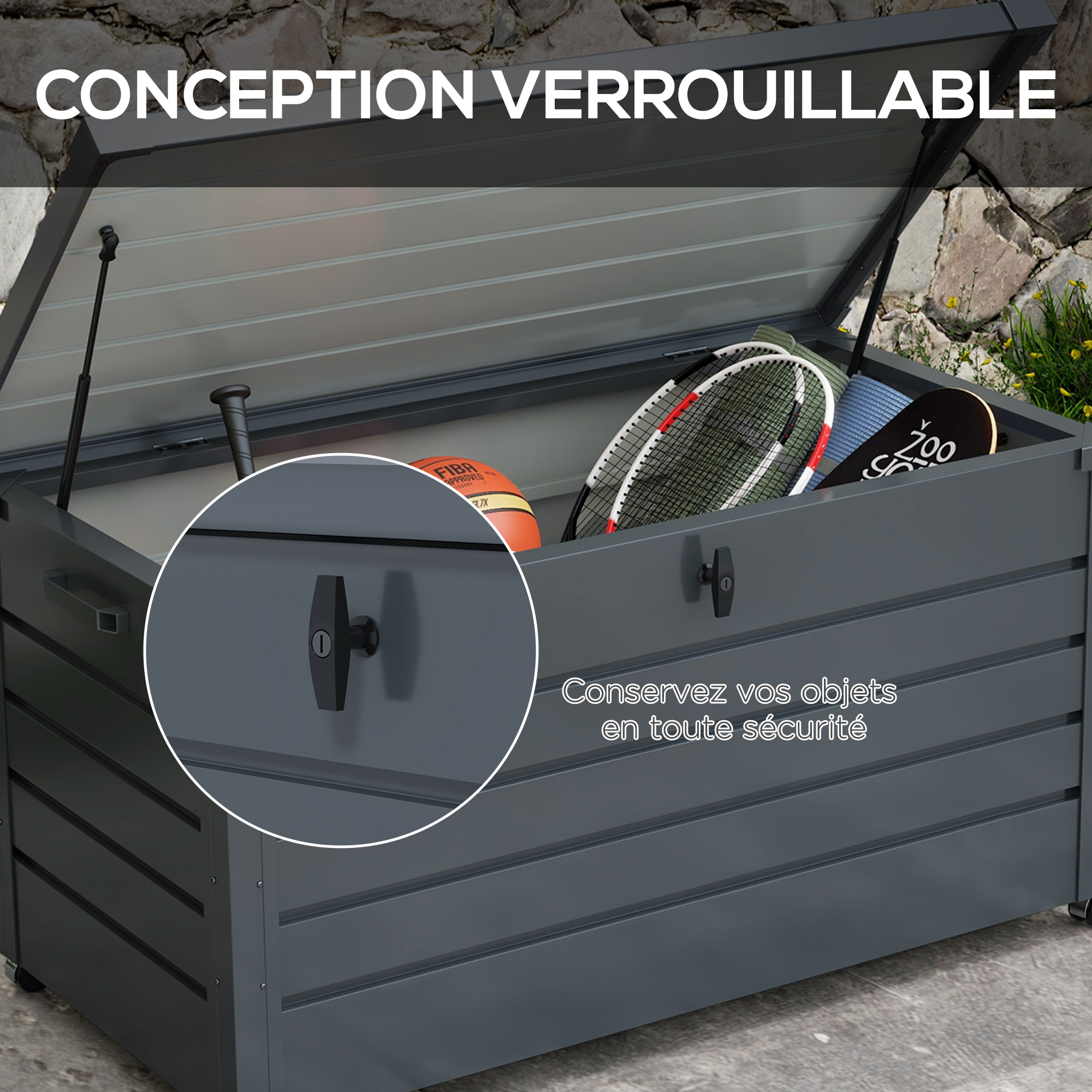 Coffre de jardin grande taille 311L verrouillable - roulettes, poignées, vérins gaz - acier anthracite