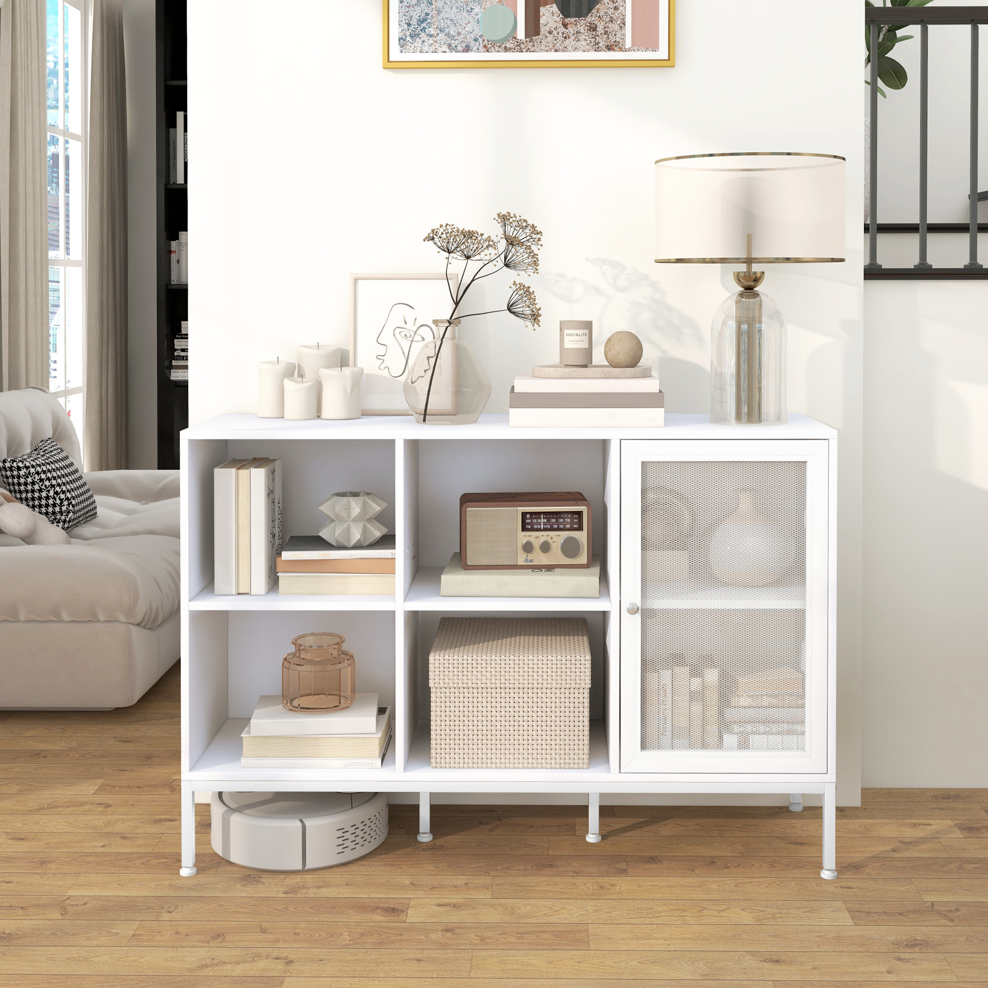 Buffet 4 compartiments porte grillagée avec étagère - dim. 120L x 37l x 81,5H cm - acier panneaux blanc