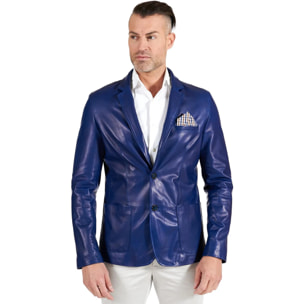 Blazer in pelle naturale bluette con taschino e fazzoletto