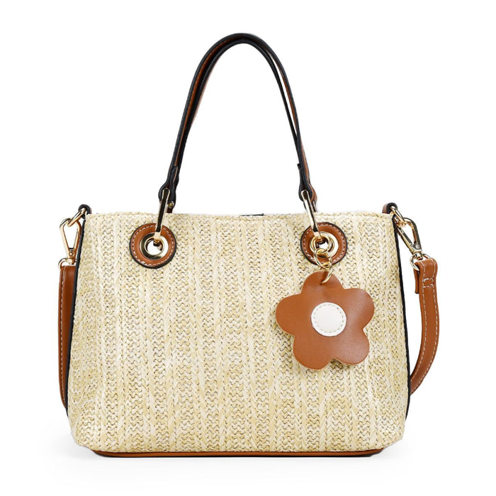 Bolso de rafia con doble asa y colgante de flor