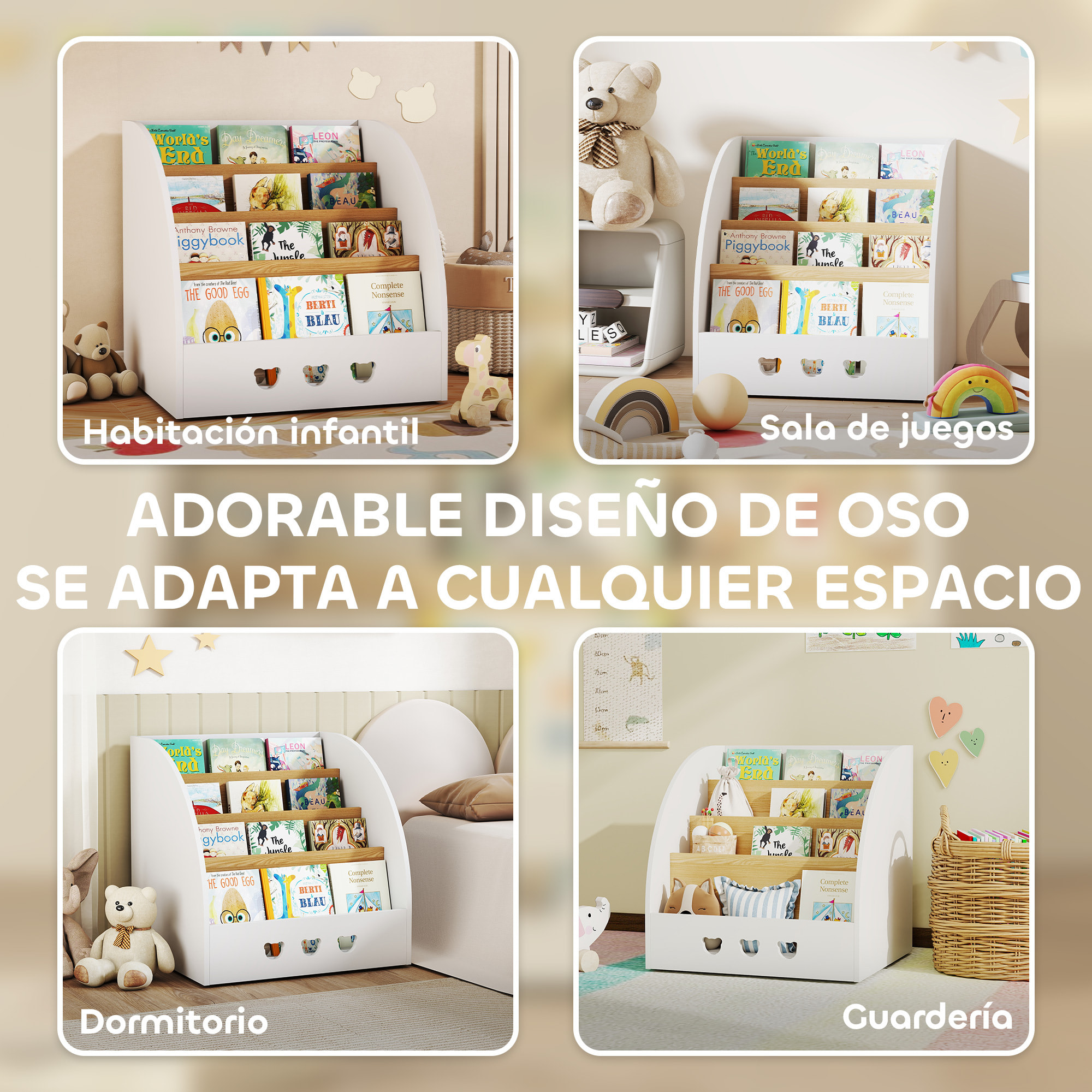 Estantería Infantil para Juguetes con Compartimento Oculto Organizador de Juguetes de 4 Niveles con Ruedas para Habitación Infantil Sala de Juegos Guardería Blanco y Natural