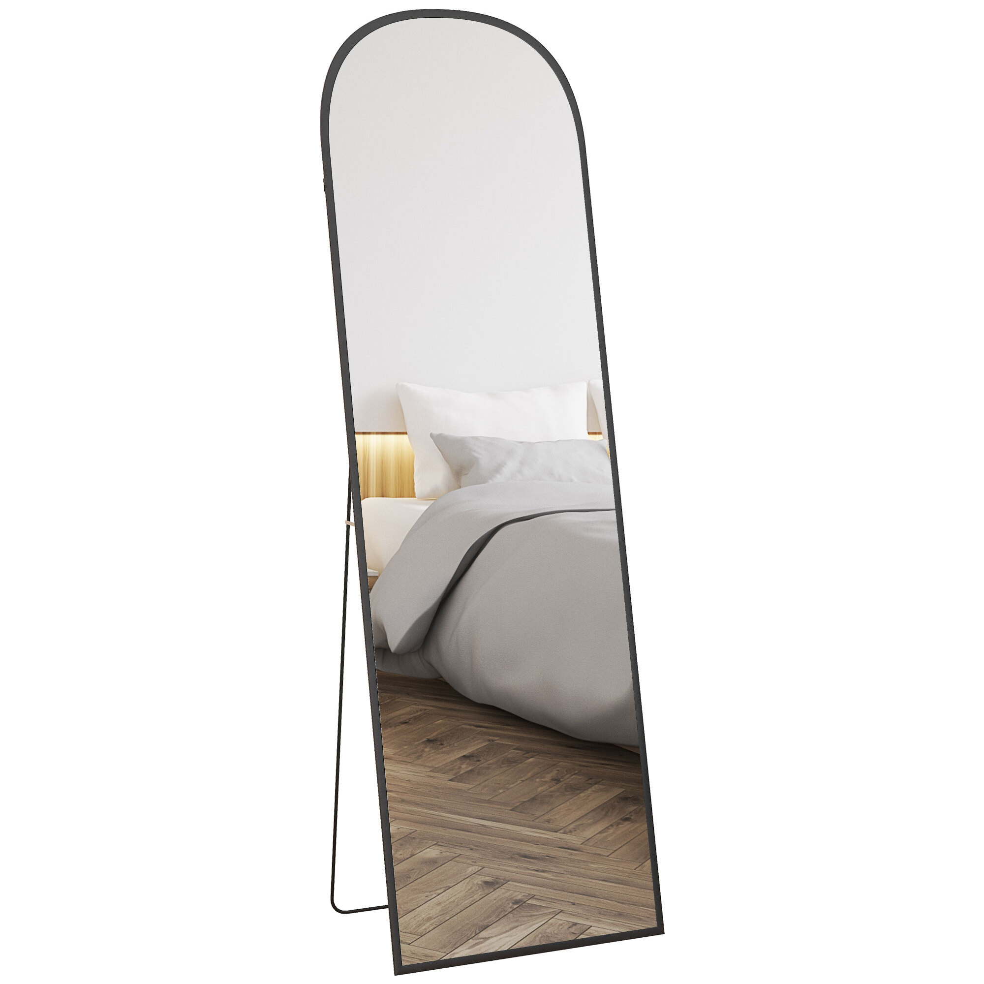 Miroir sur pied - miroir mural rectangulaire arrondi - dim. 50L x 161,5H cm - alu. noir
