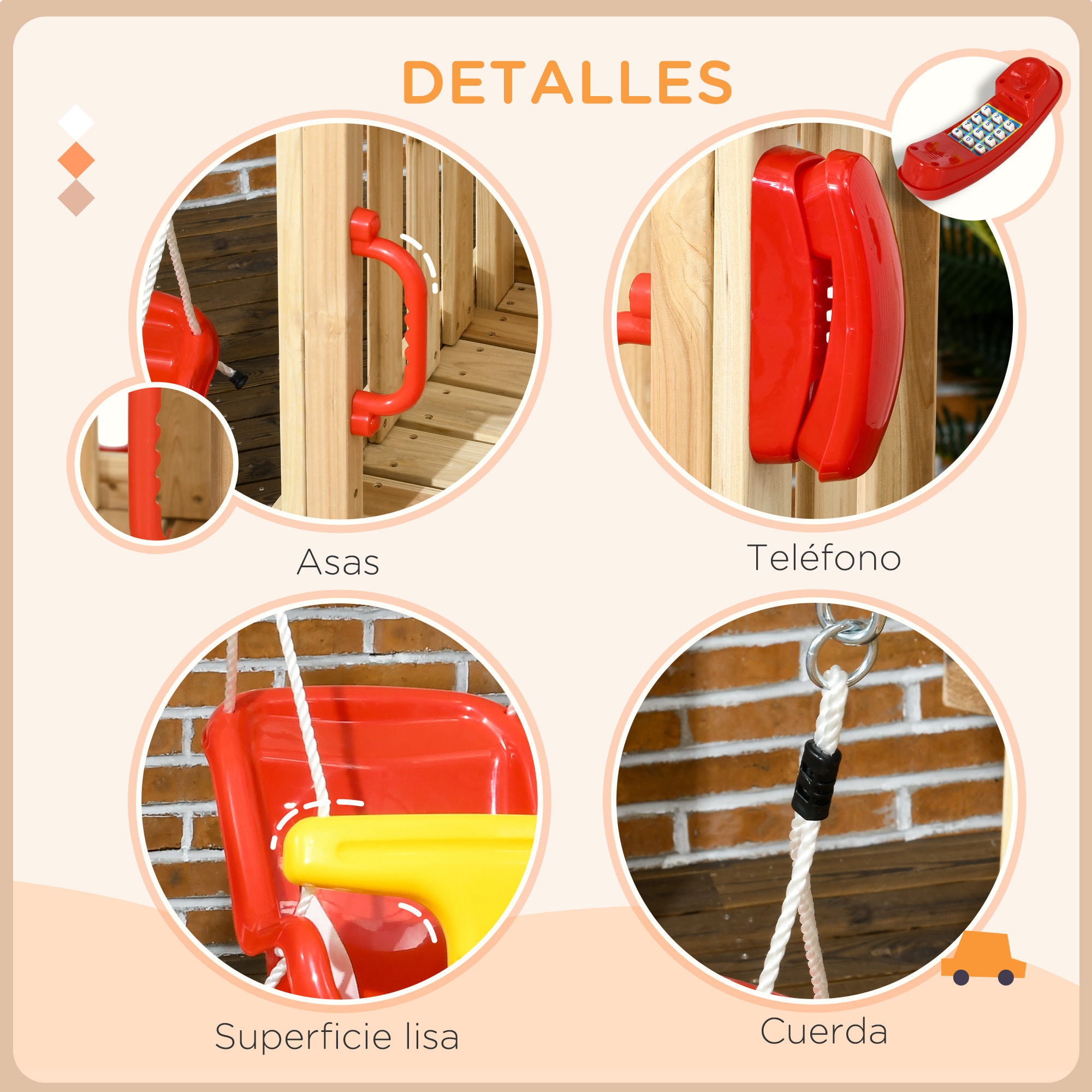 Juego de Tobogán y Columpio para Niños de 18-48 Meses 4 en 1 Parque Infantil de Madera con Columpio Tobogán Volante Bocina Teléfono para Patio Césped 170x200x118 cm Rojo y Natural