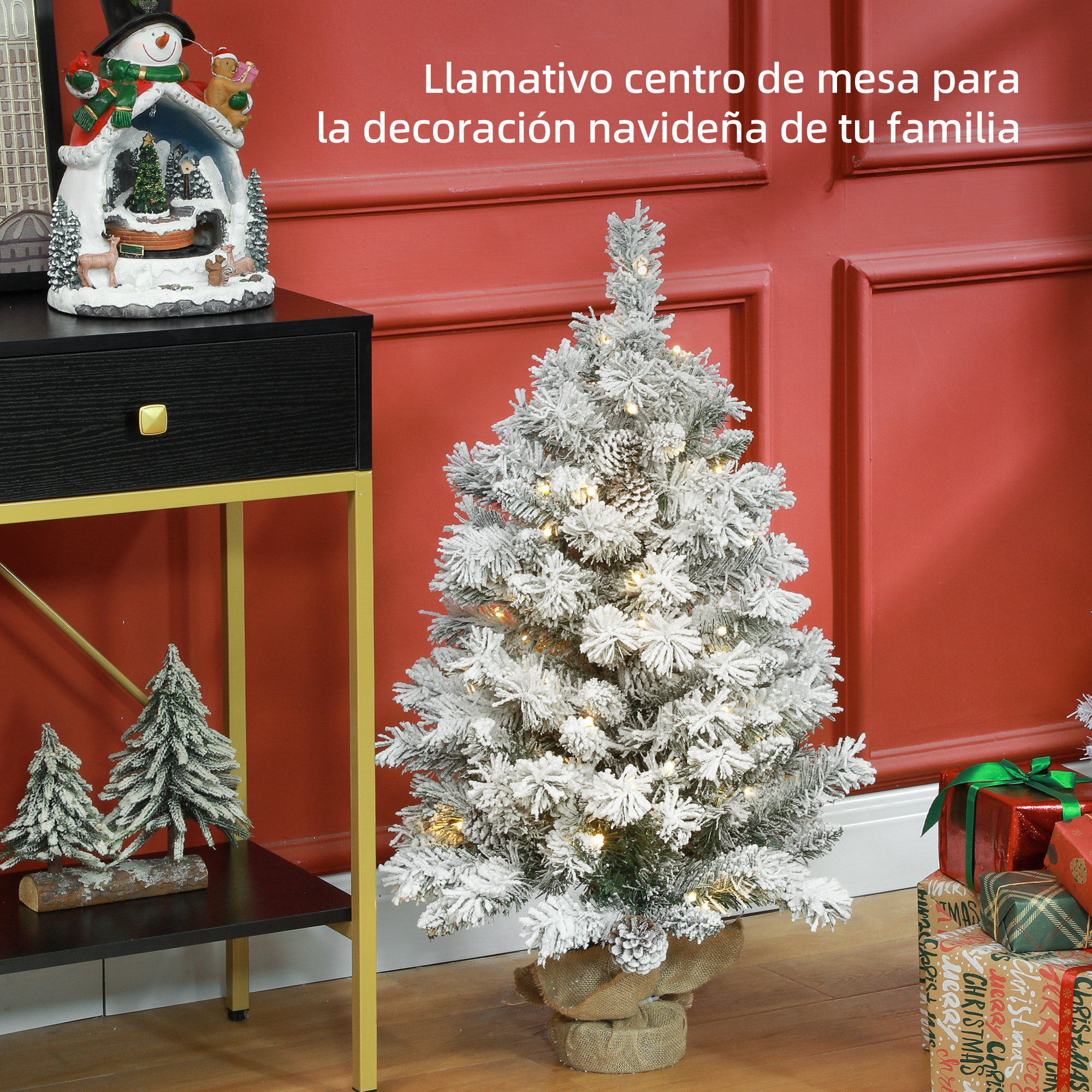Árbol de Navidad 90 cm Árbol de Navidad Artificial Nevado con 50 Luces LED 133 Ramas 14 Piñas y Soporte de Metal Árbol Navideño para Salón Interior Verde