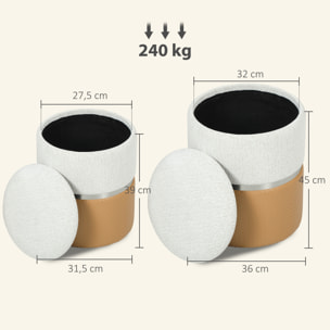 Juego de 2 Puff Almacenaje, Baúles de Almacenaje Redondos, Tapizados en Chenilla y PU, Asiento Acolchado, para Pasillo, Dormitorio, Salón, Marrón y Crema