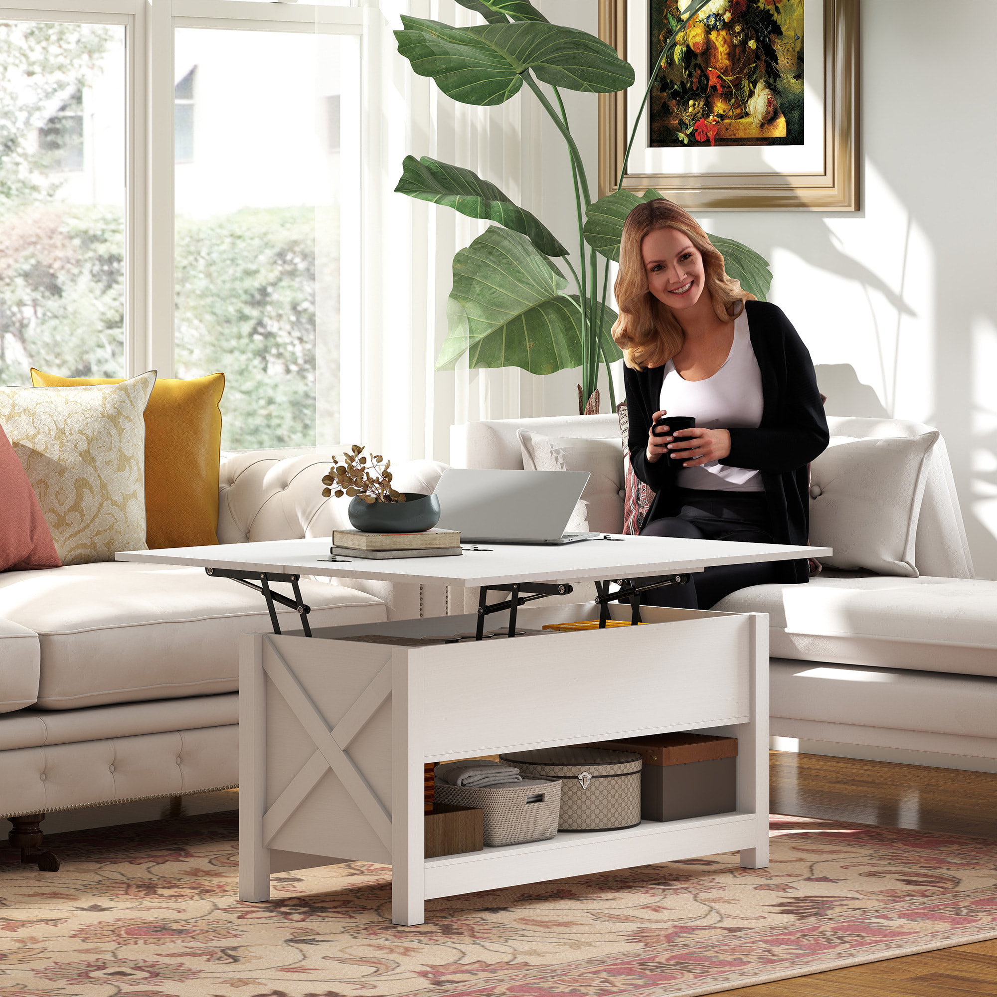 Mesa de Centro Elevable y Extensible, Mesa de Salón con Compartimentos Ocultos, Estante Abierto, para Comedor, Oficina, 100x90x64 cm, Blanco