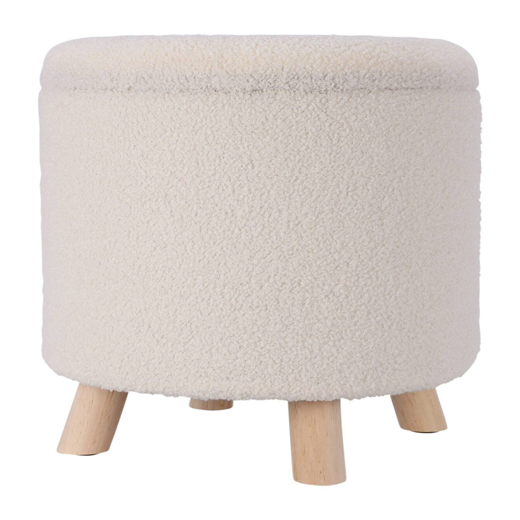 Taburete de almacenamiento 100% poliéster 40x37cm en color blanco y patas de madera