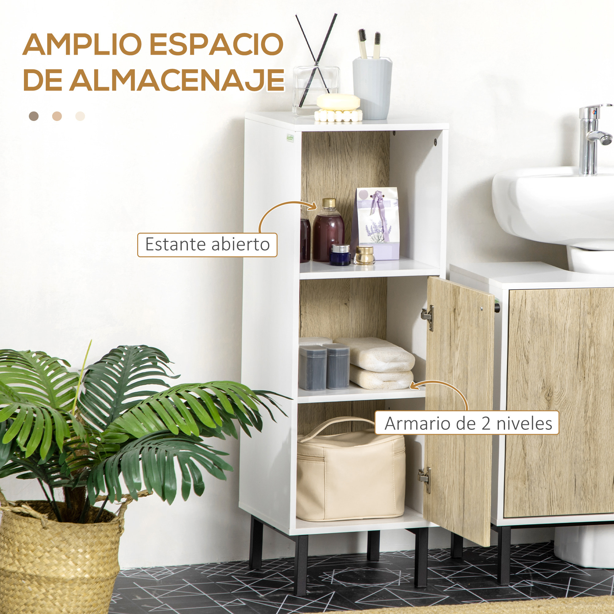 kleankin Armario Auxiliar de Baño Columna Auxiliar de Baño con Puerta Compartimiento Abierto y Patas de Acero para Lavabo Ducha Antivuelco 31,5x30x91 cm Roble y Blanco