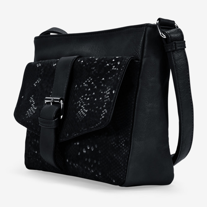 Bolso bandolera negro con solapa efecto serpiente