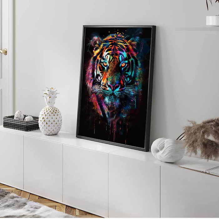 Affiche encadrée tigre multicolore art contemporain Affiche + cadre en métal - Noir