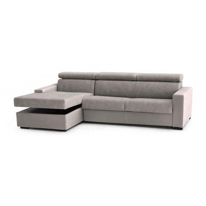 Divano letto con penisola Alibabah, Sofà con penisola contenitore Sinistra, Braccioli standard, 100% Made in Italy, Cm 280x95h85, Tortora