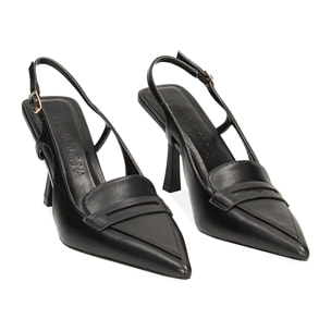 Mocassino slingback nero, tacco 8,5 cm