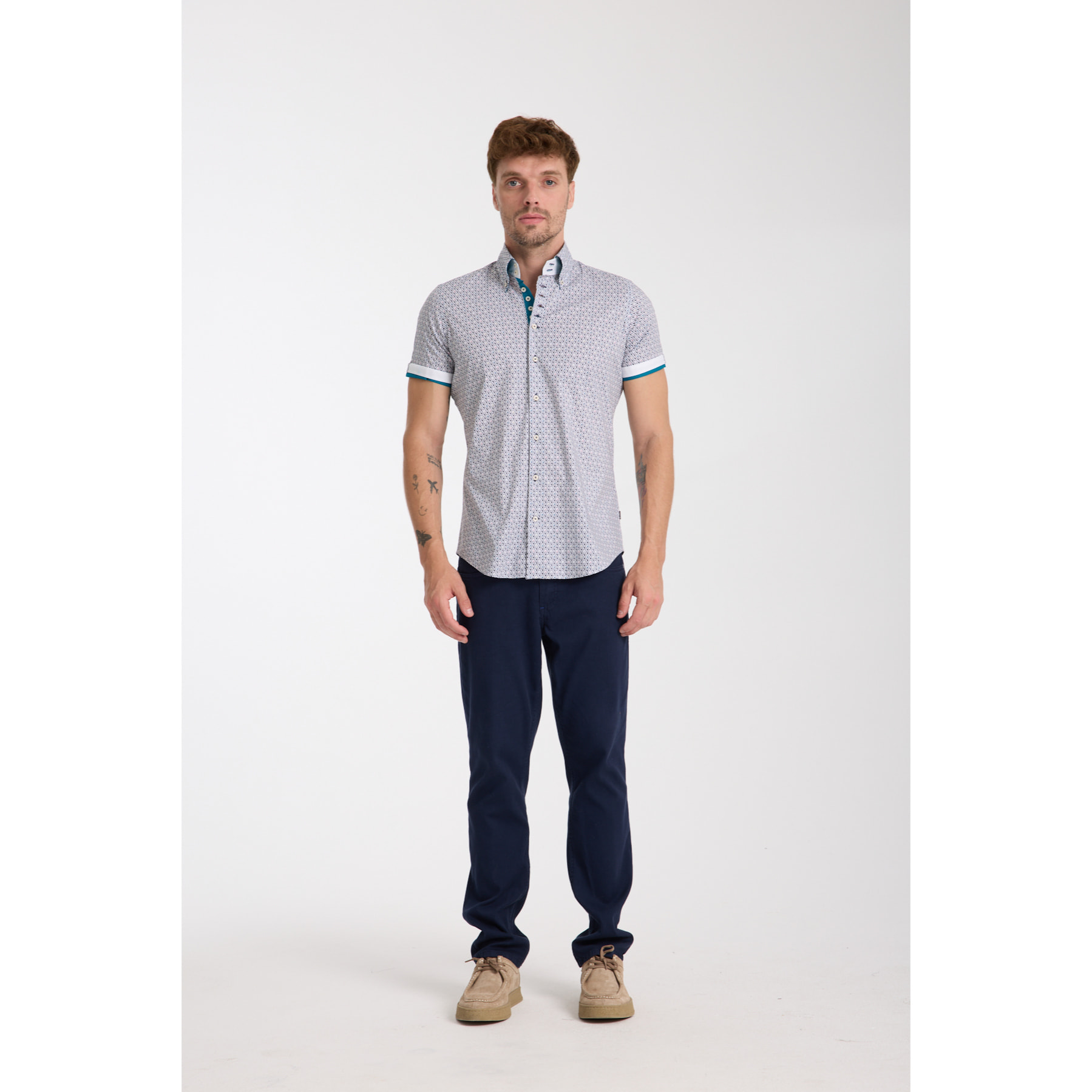 Camicia Uomo Manica Corta 2 Bottoni Button Down 7 Botto Popeline Stretch Stampato Bianco e Blu