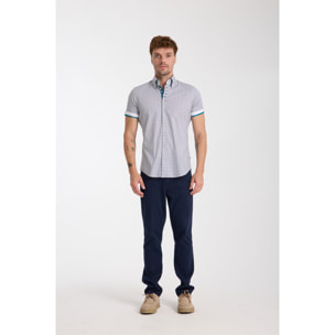 Camicia Uomo Manica Corta 2 Bottoni Button Down 7 Botto Popeline Stretch Stampato Bianco e Blu
