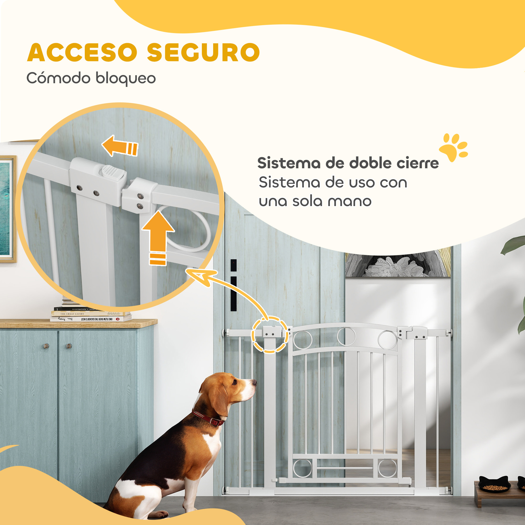 Barrera para Perros Puerta para Perros con Ancho Ajustable 76-104 cm Barrera de Seguridad para Perros con 2 Extensiones para Escaleras y Puertas Blanco