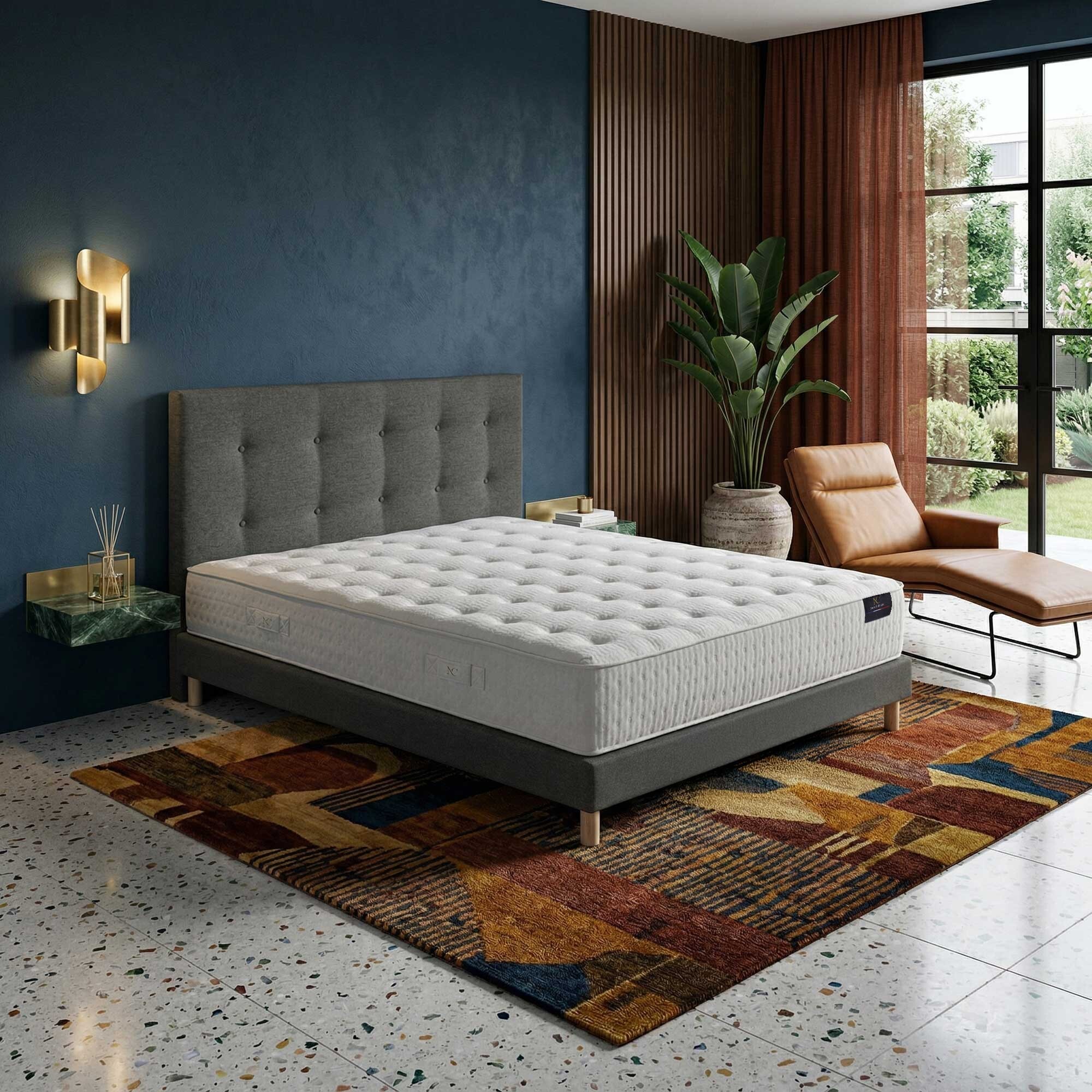Ensemble HÉCATE + tête de lit capitonnée - Matelas ressorts ensachés et Mémoire de forme 26 cm - sommier et tête de lit gris foncé