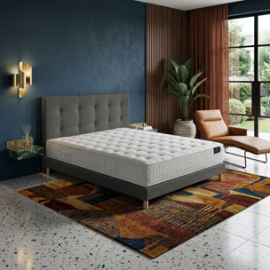 Ensemble HÉCATE + tête de lit capitonnée - Matelas ressorts ensachés et Mémoire de forme 26 cm - sommier et tête de lit gris foncé