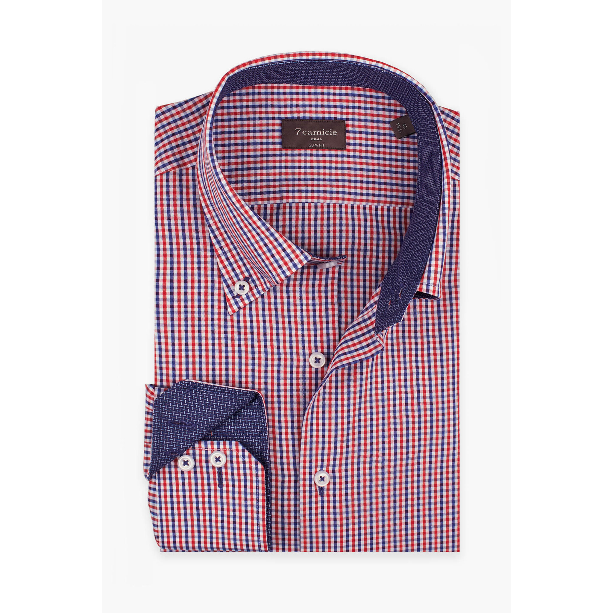 Camicia Uomo 2 Bottoni Button Down Slim Popeline Quadro Piccolo Blu\Rosso