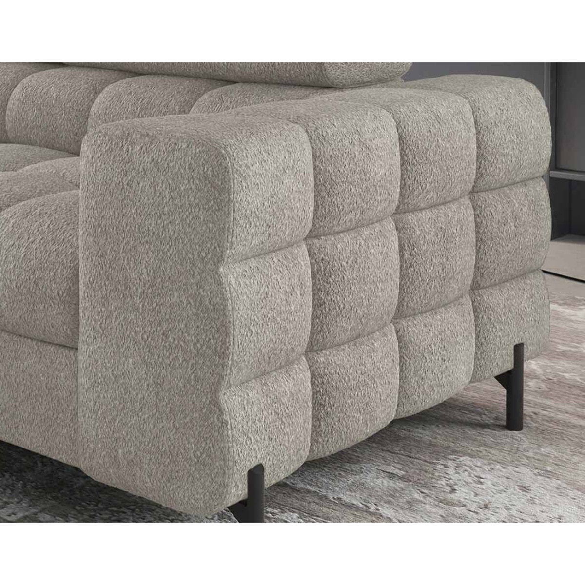 Elisa - canapé d'angle gauche 5 places convertible avec coffre et têtières réglables en tissu bouclette - Taupe