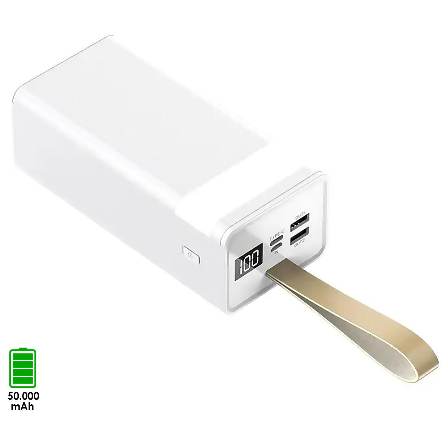 Powerbank da 50.000 mAh con doppia uscita USB, ricarica rapida PD22,5 W, uscita USB-C, pendente per il trasporto e torcia ad alta potenza. Indicatore di carica a LED.