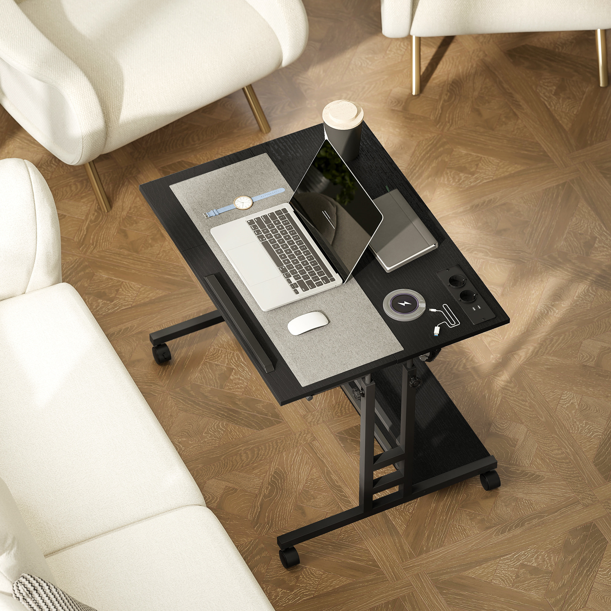 Escritorio Elevable con Ruedas, Enchufes, Puertos USB, Altura Ajustable, 80x60 cm, Escritorio de Pie con Panel Central Inclinado y Estante Inferior de Almacenamiento, para Oficina, Hogar, Negro